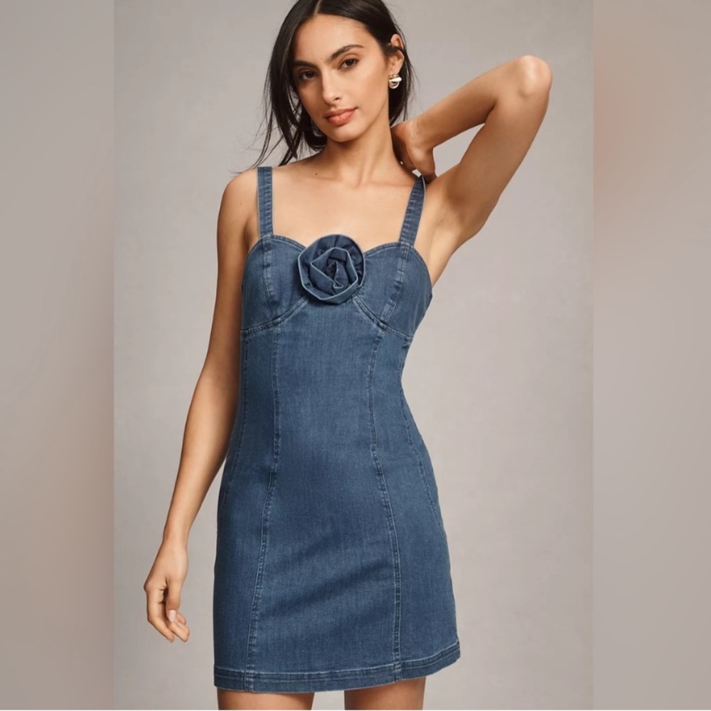 Anthropologie Rosette Applique Denim Mini Dress